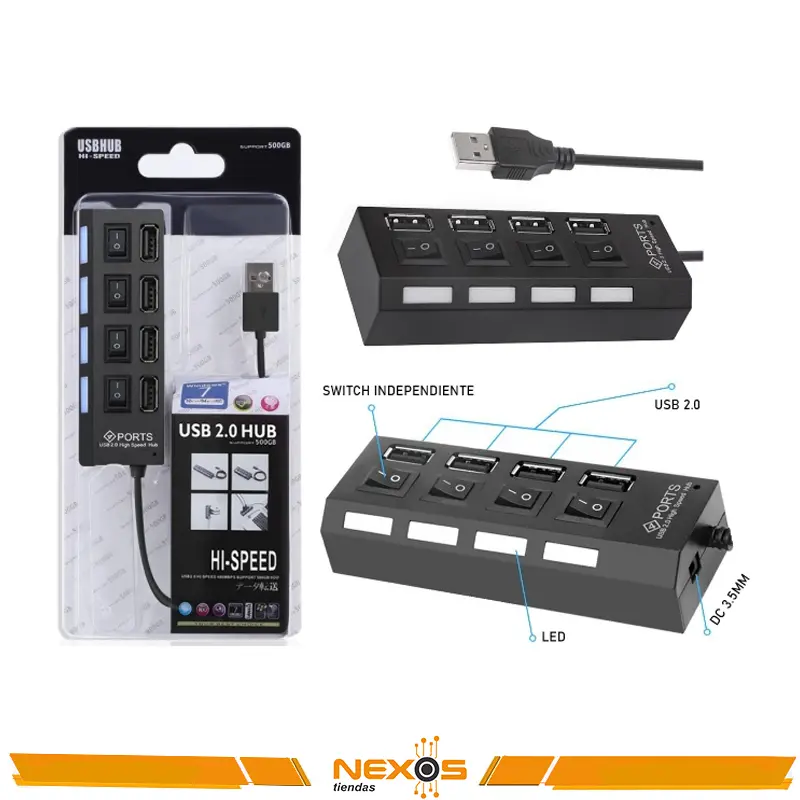 HUB USB 4 PUERTOS 2.0 SWITCH INDEPENDIENTE SUPPORT 500GB LED