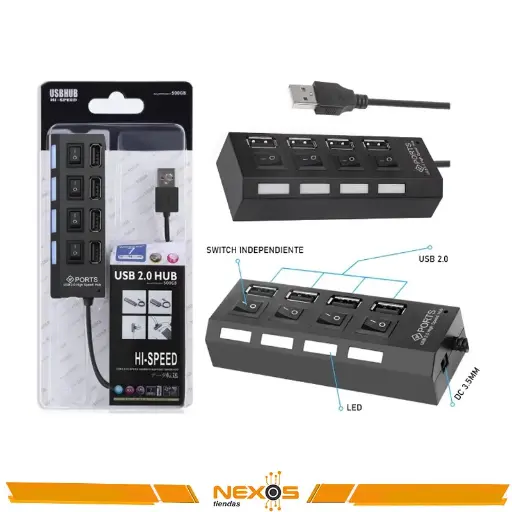 [111151766] HUB USB 4 PUERTOS 2.0 SWITCH INDEPENDIENTE SUPPORT 500GB LED