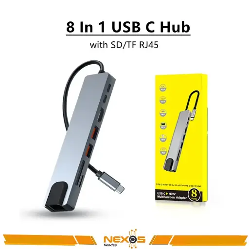 HUB USB C 8 EN 1 CON LECTOR DE TARJETAS RJ45 SD/TF TIPO C, ADAPTADOR HD 3,1 A 4K, PD, CARGA RÁPIDA PARA MACBOOK, NOTEBOOK, ORDENADOR PORTÁTIL